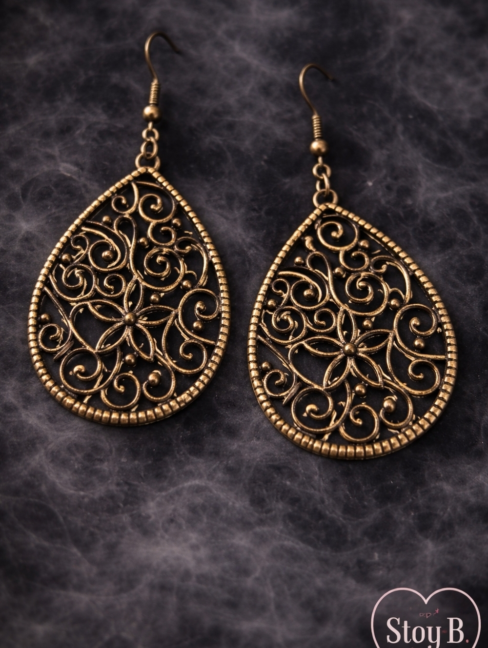 Brass Filigree Teardrop Dangle Earrings